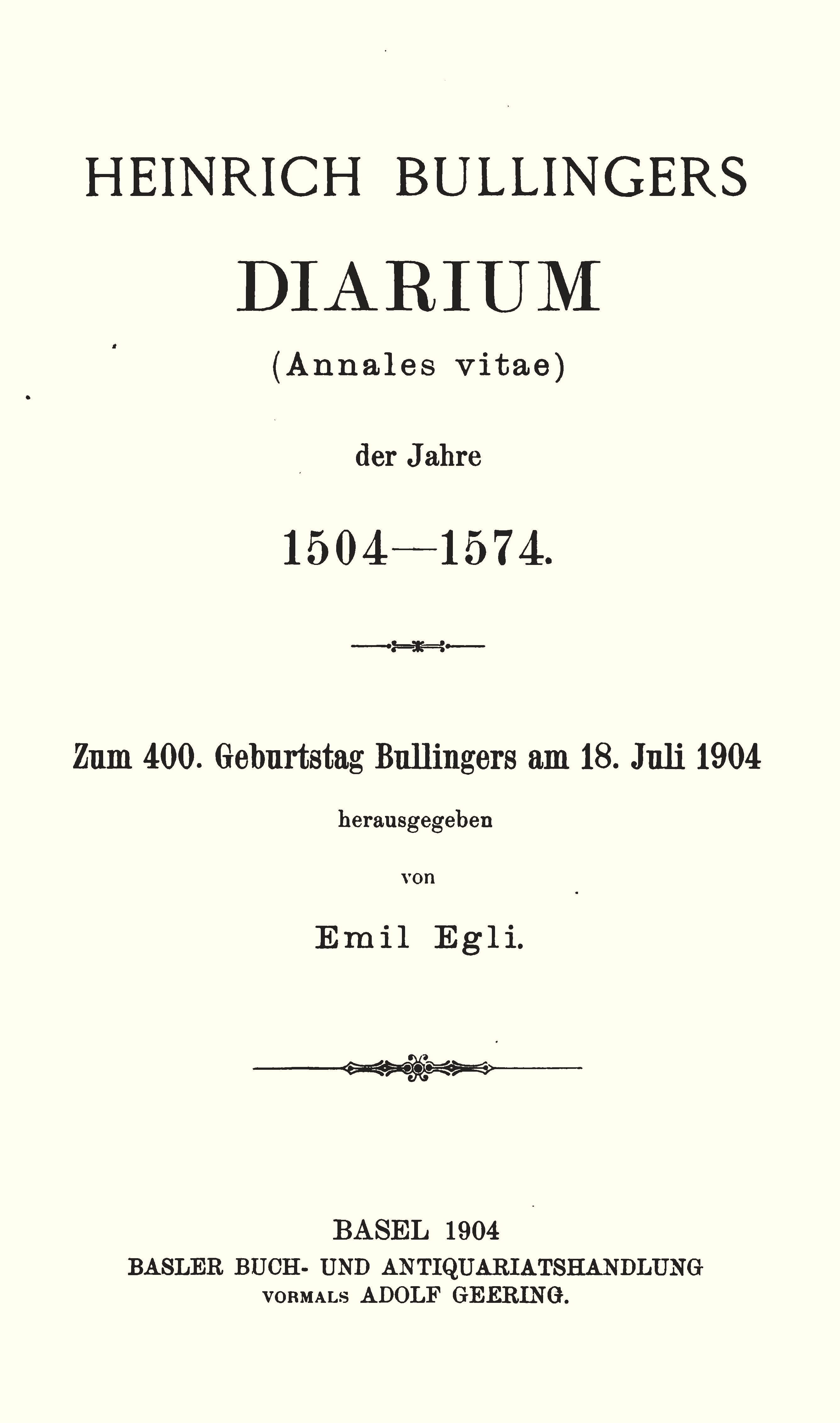 Buchcover Emil Egli, Diarium