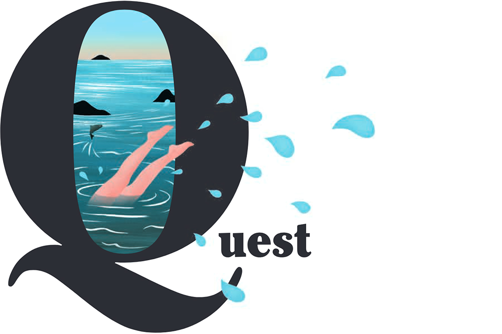 Logo Quest: Schriftzug mit grossem Q, in dessen Leerraum sieht man ein Gewässer, im Hintergrund den Horizont, und eine Person, die gerade kopfvoran in dieses Wasser springt (die Beine schauen noch raus) 